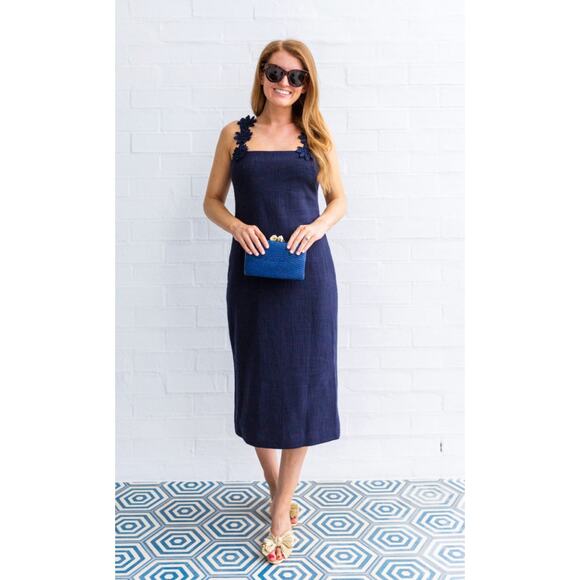 Pearl by Lela Rose NWT Navy Cotton Canvas Floral Strap Column Dress Size 6 - Picture 1 of 12